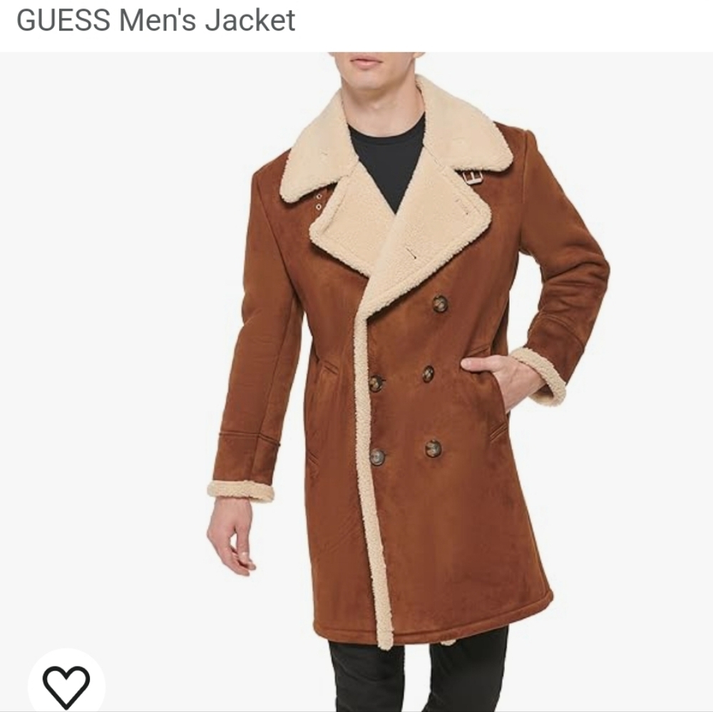 Guess Mens Double-Breasted Faux Shearling Long Coat Faux Suede Faux Fur #678
